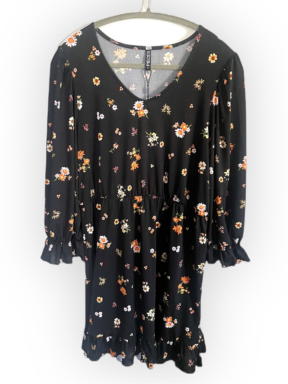 Pieces Fall Floral Flower Black Midi Dress Ruffle Trim Harvest Autumn Style NWT